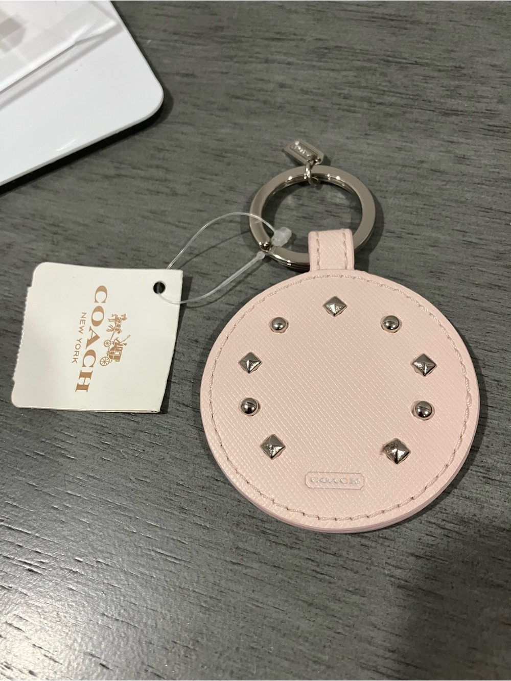Coach Blush Pink Round Leather Mirror Keychain